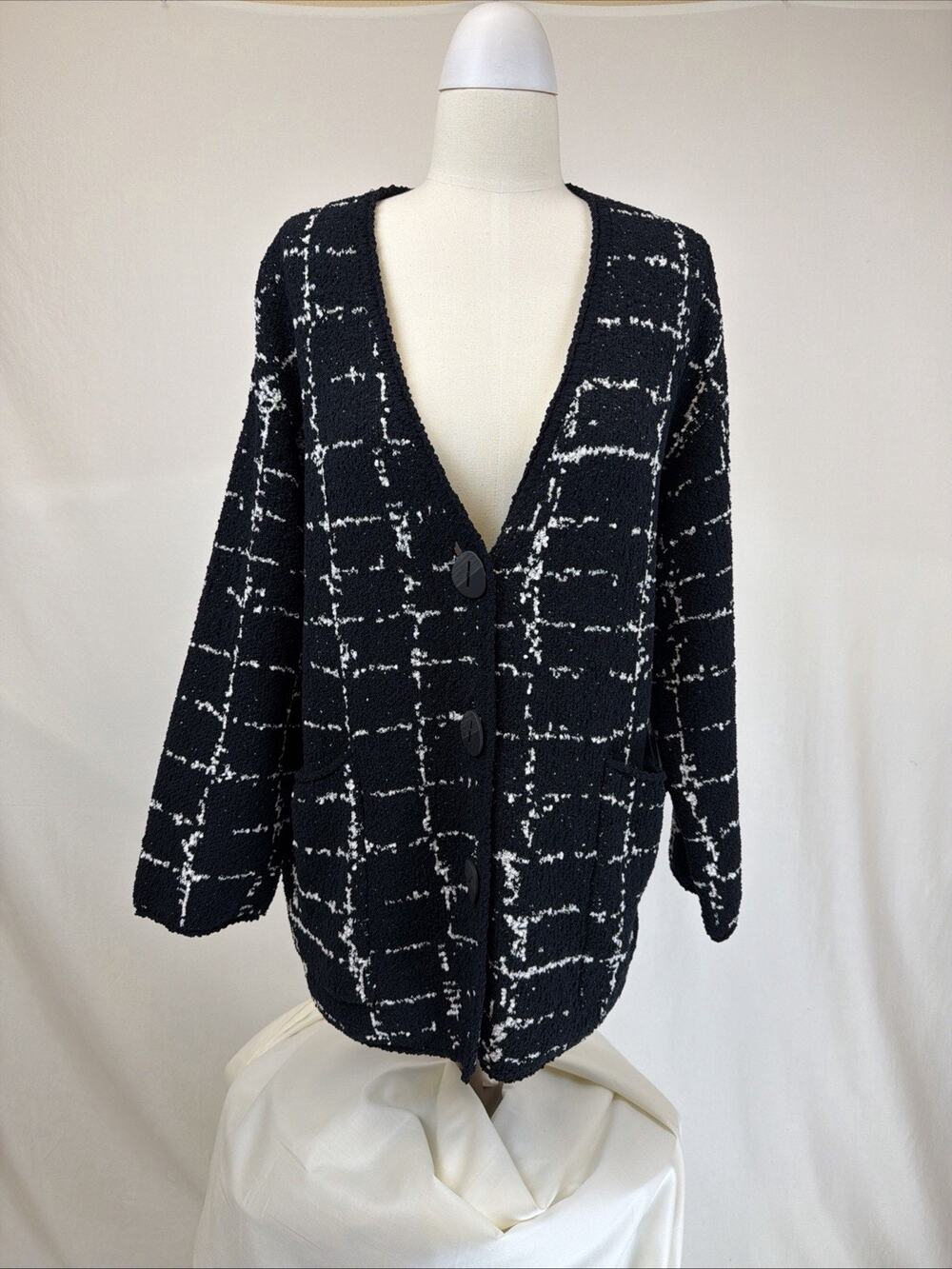 NWT Liv by Habitat Clothes Black White Grid Pattern Open Front Cardigan Size L